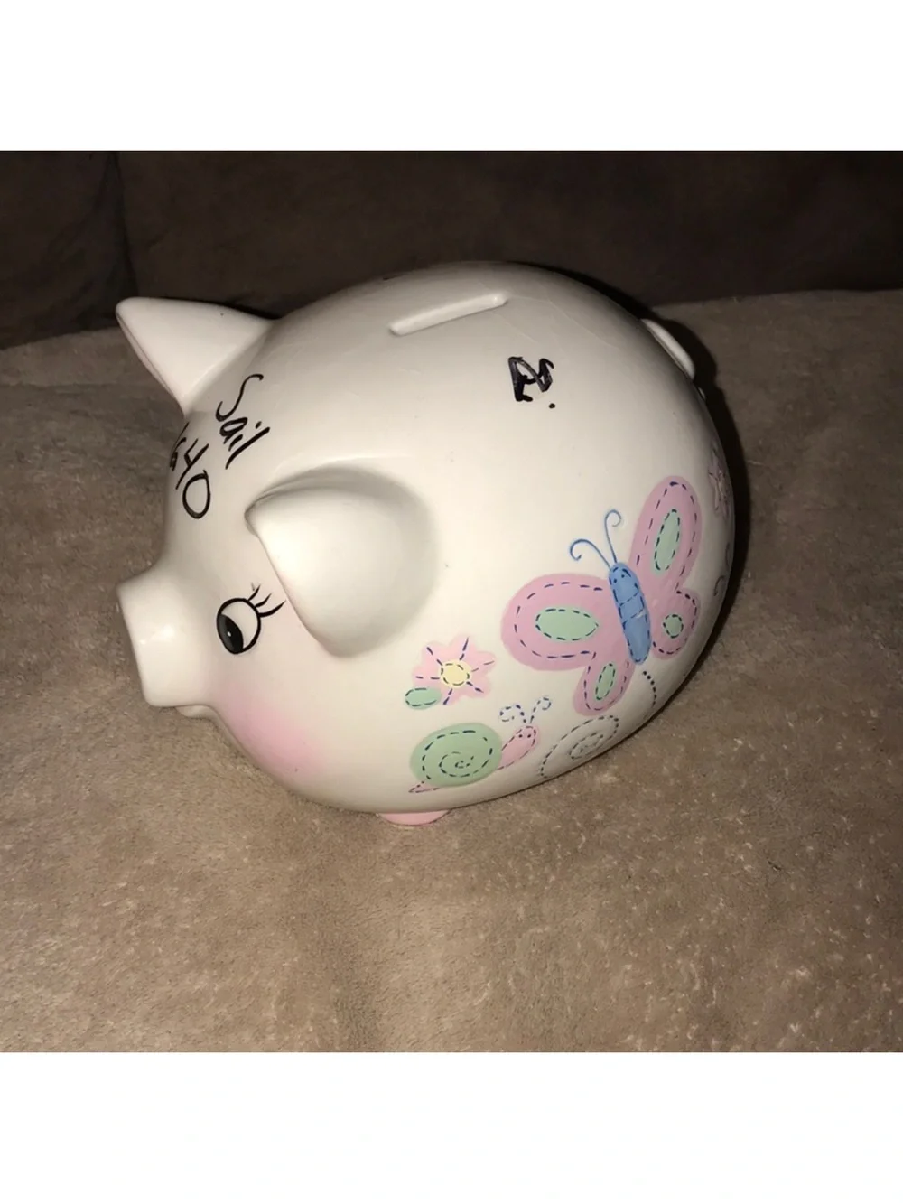 Ceramic White Piggy Bank with Pink Accents and Butterfly Design